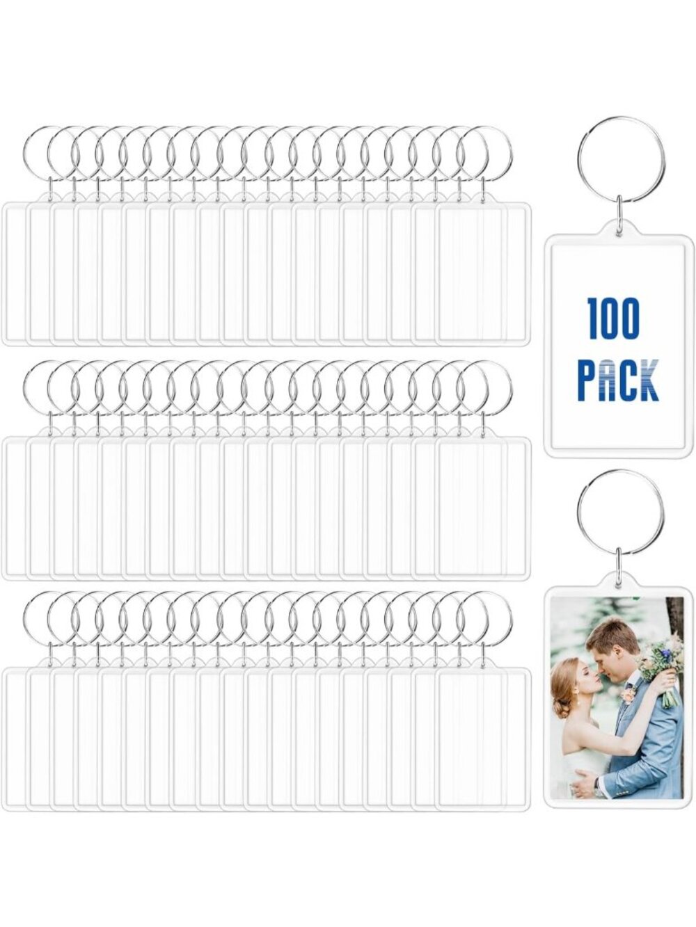 100 Clear Acrylic Photo Frame Keychains - Double-Sided Rectangle Key Fobs, 100